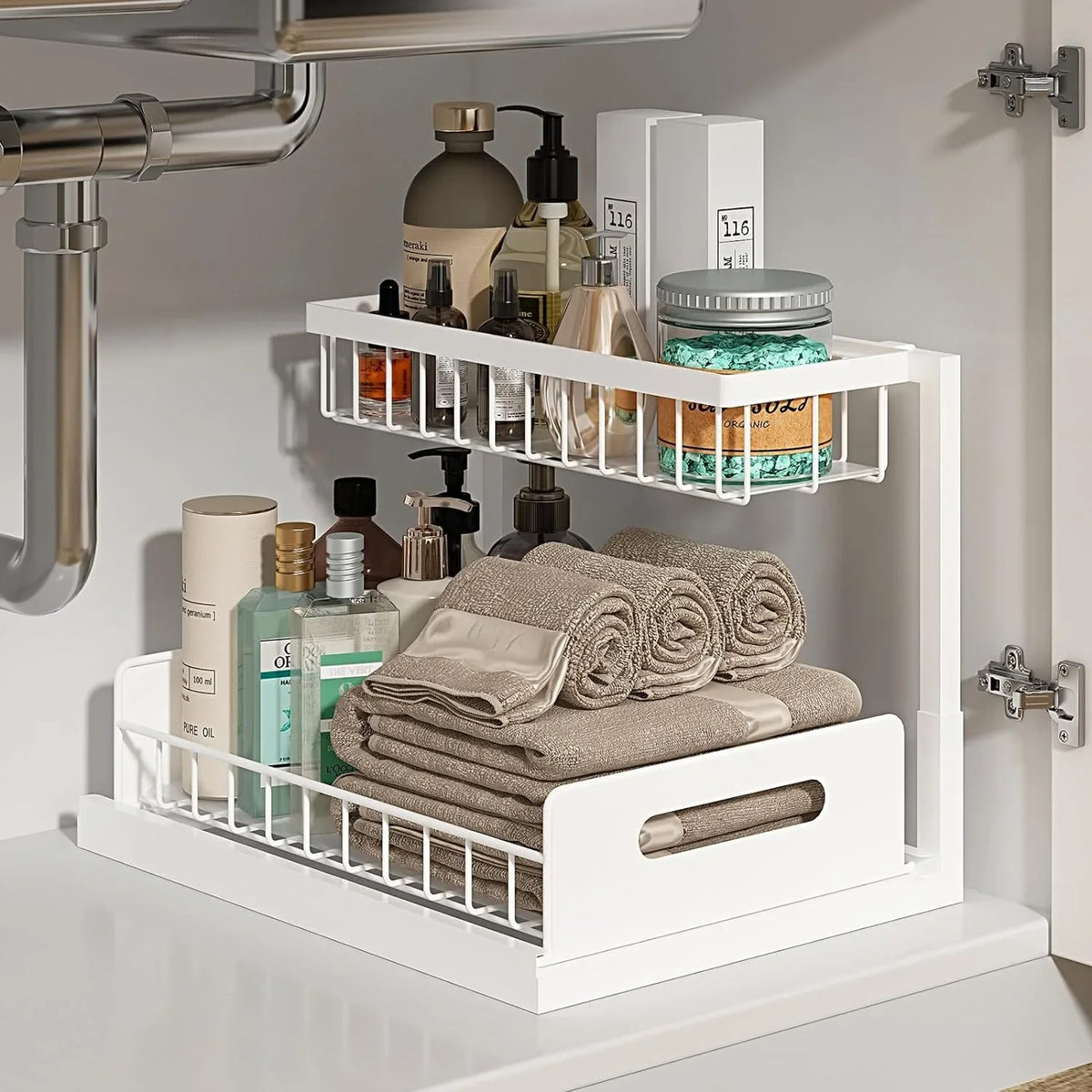 rangements étagères sous évier blancs grille métallique pull out storage moderne pratique fixations murales