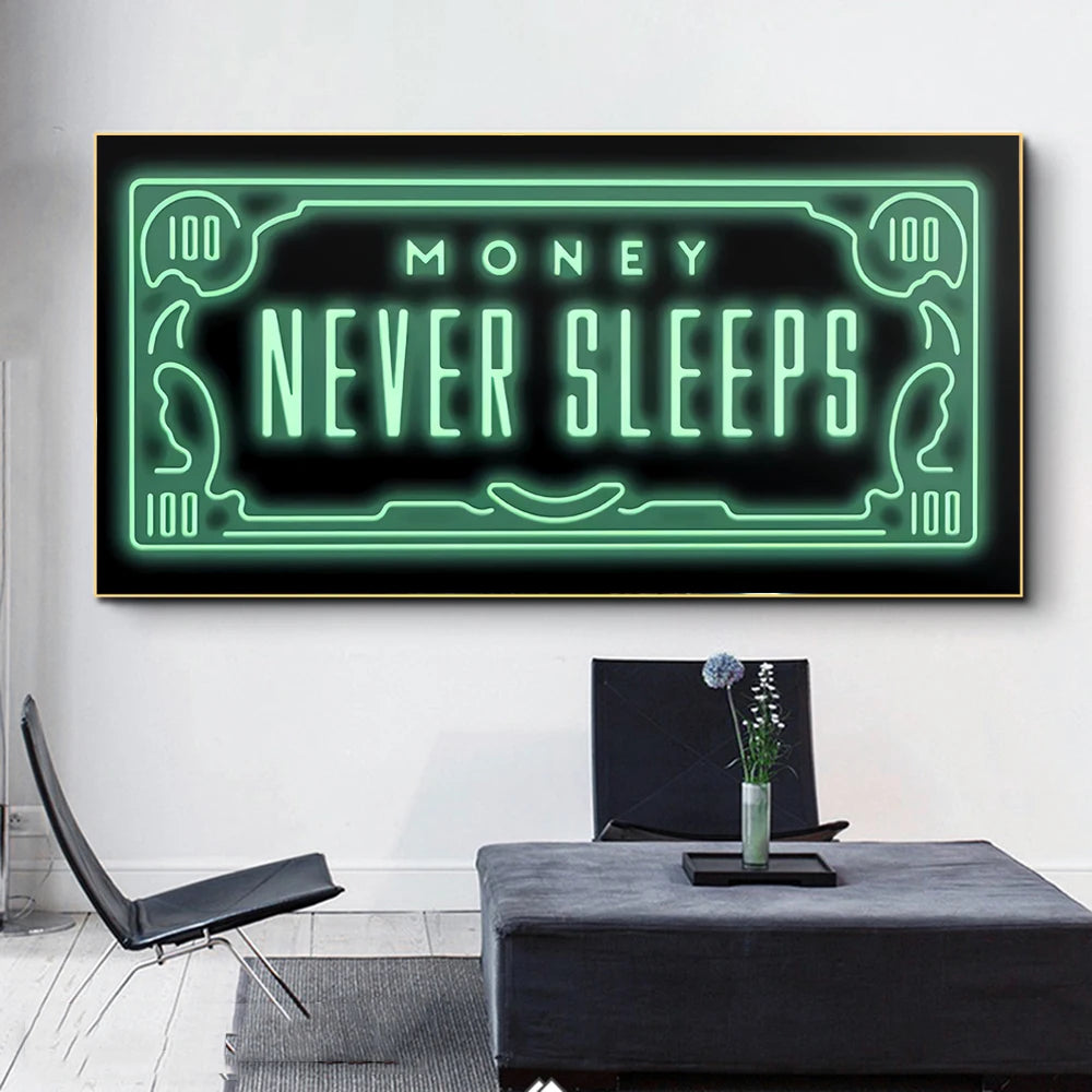 cadre lumineux led vert neon motif billet banque texte money never sleeps murale moderne