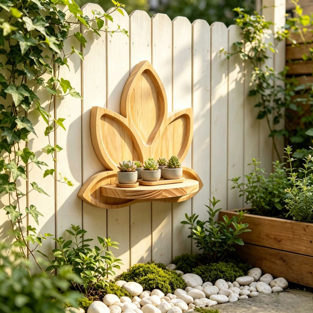 étagère murale bois clair fleur lotus bohème zen décoration naturelle plantes pots bougie