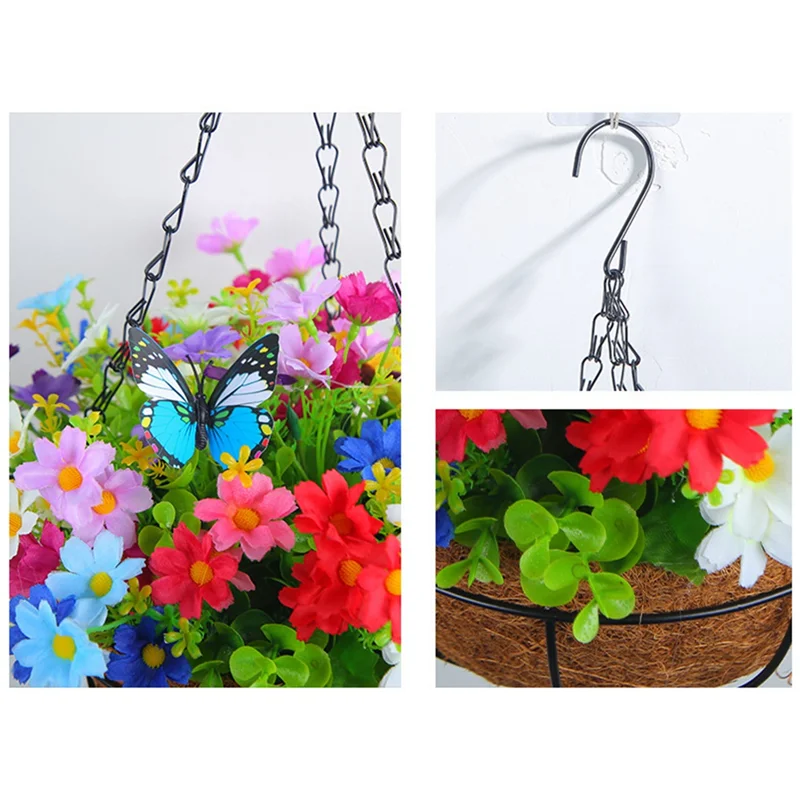paniers suspendus fleurs artificielles jaunes violet bleu rouge blanc vert fibres naturelles patio jardinintérieur