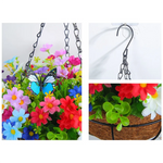 paniers suspendus fleurs artificielles jaunes violet bleu rouge blanc vert fibres naturelles patio jardinintérieur