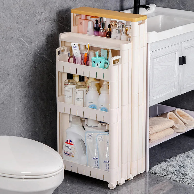 étagère rangement étroite roulettes meuble cuisine salle bain plastique beige marron