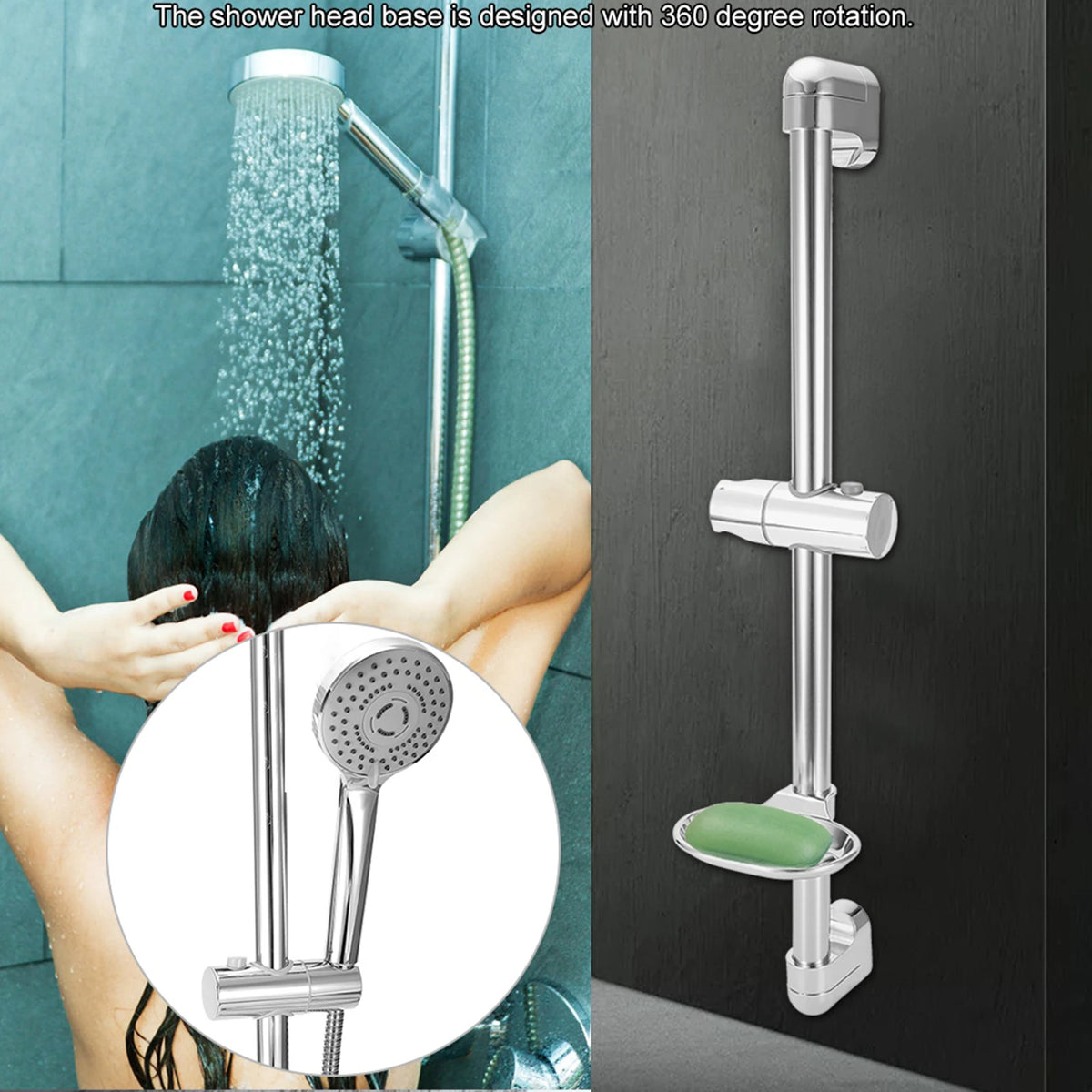 support douche moderne tête rotative argenté brillant fixations vis