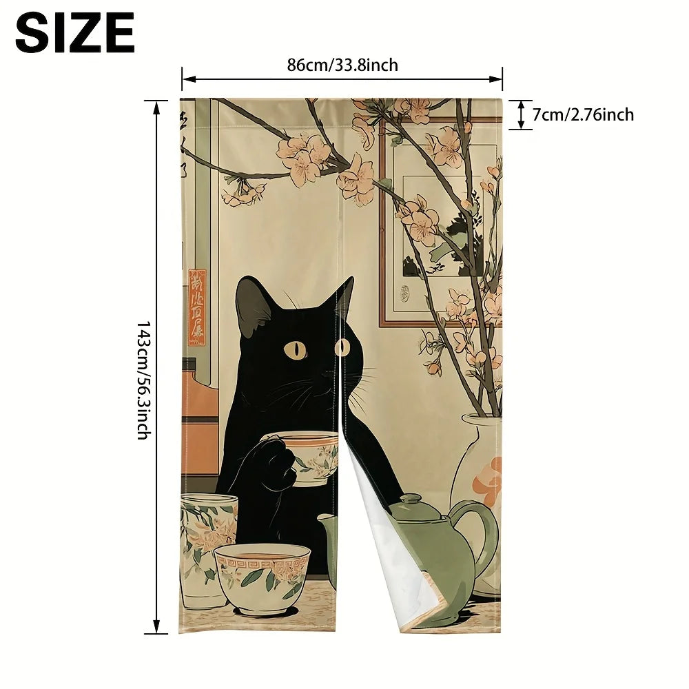 rideau porte chat noir dessin animé japonais fleurs roses opacité classique intérieur maison