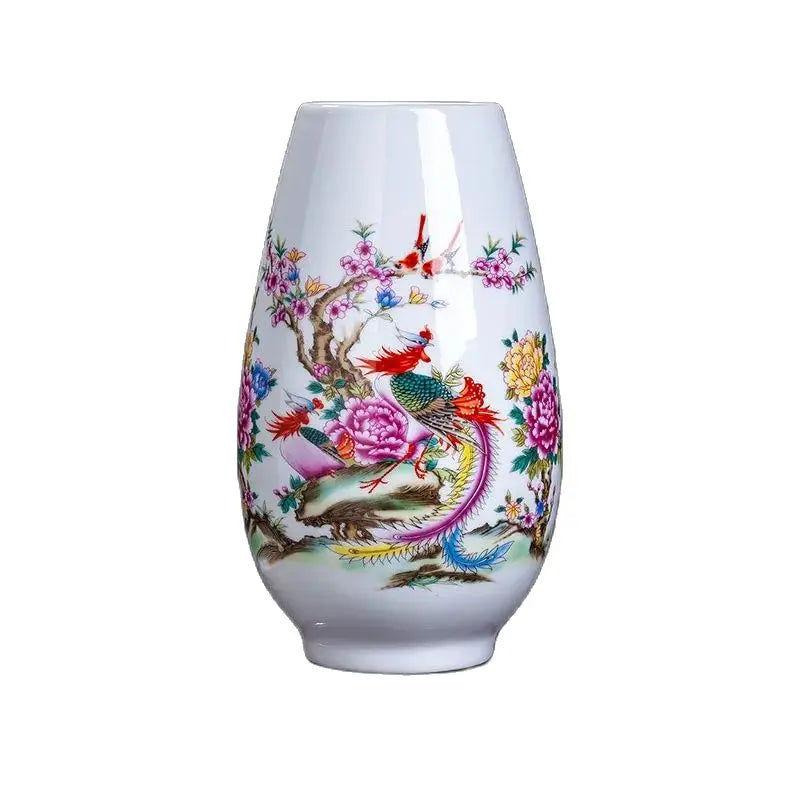 Un magnifique vase orné de motifs floraux colorés et de magnifiques oiseaux aux couleurs vives, créant une oeuvre d'art décorative.