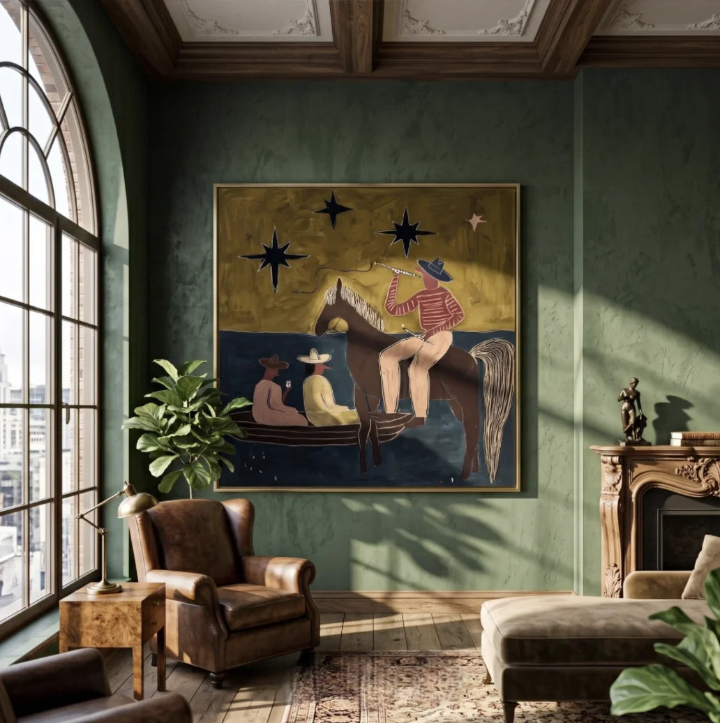 tableau abstrait chevaux étoiles moderne or noir salon chambre coucherDecorationMurale