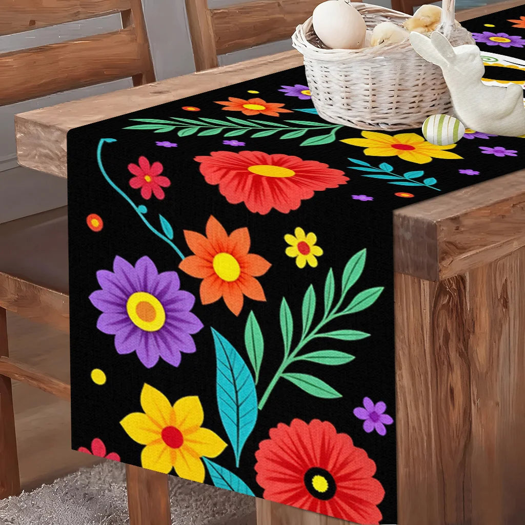 table table motif crânes fleurs colorées festif moderne noir rouge jaune violet vert
