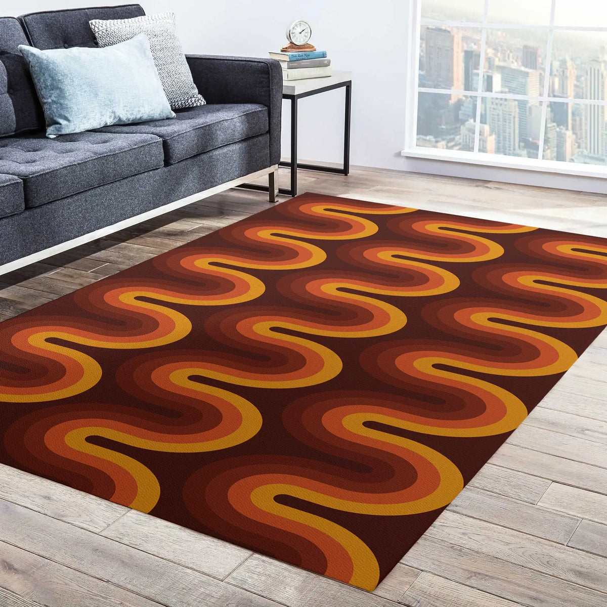 tapis marron orange rouge moderne rétro rayures ondulées polyester salon chambre extérieur
