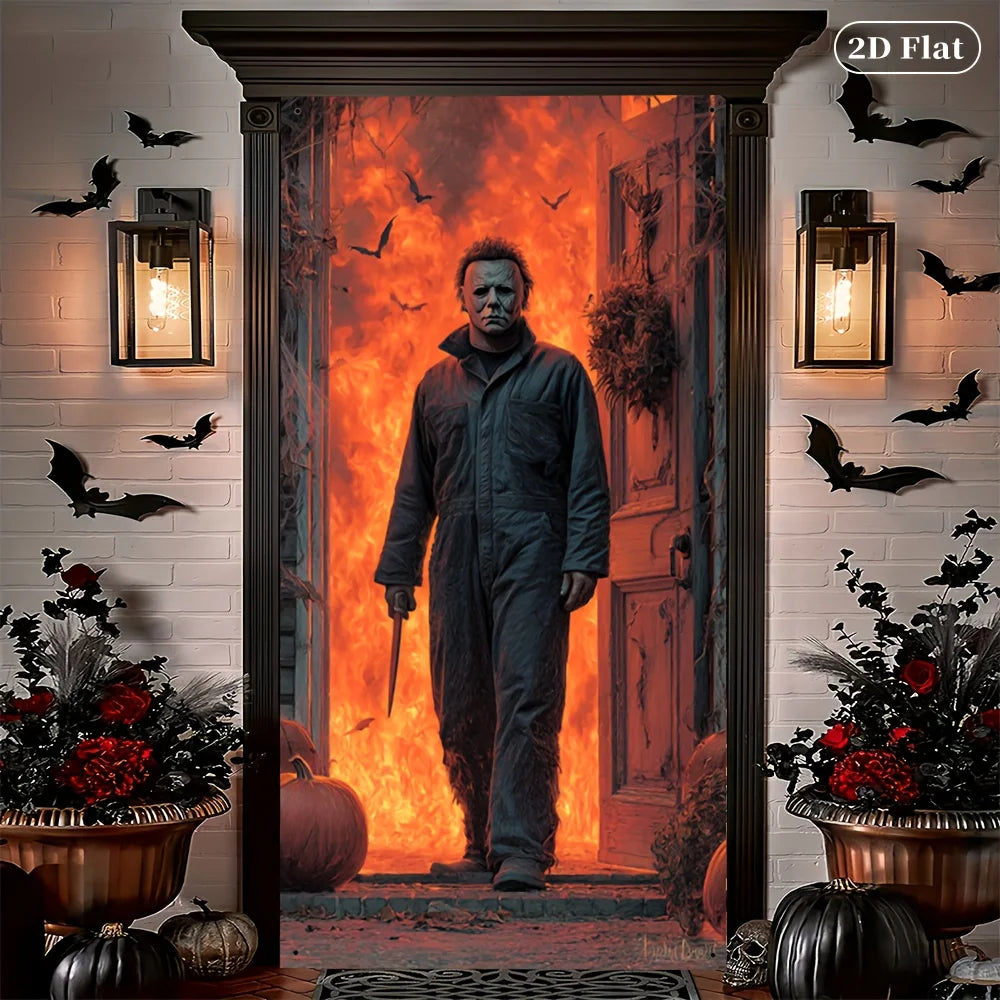 poster mural halloween effets feu masque citrouilles guirlandes squelette noir orange rouge