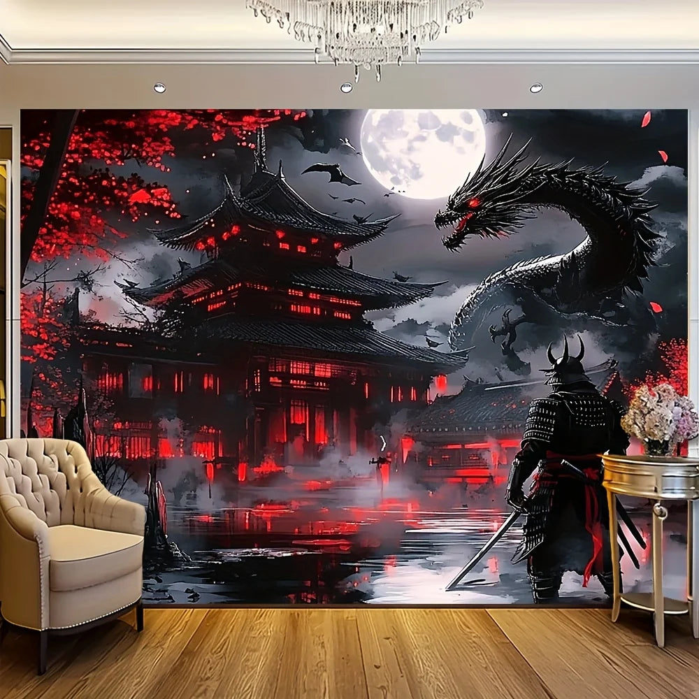 toile d'art paysage fantastique dragon rouge blanc contemporain décoration murale maison chambre salon