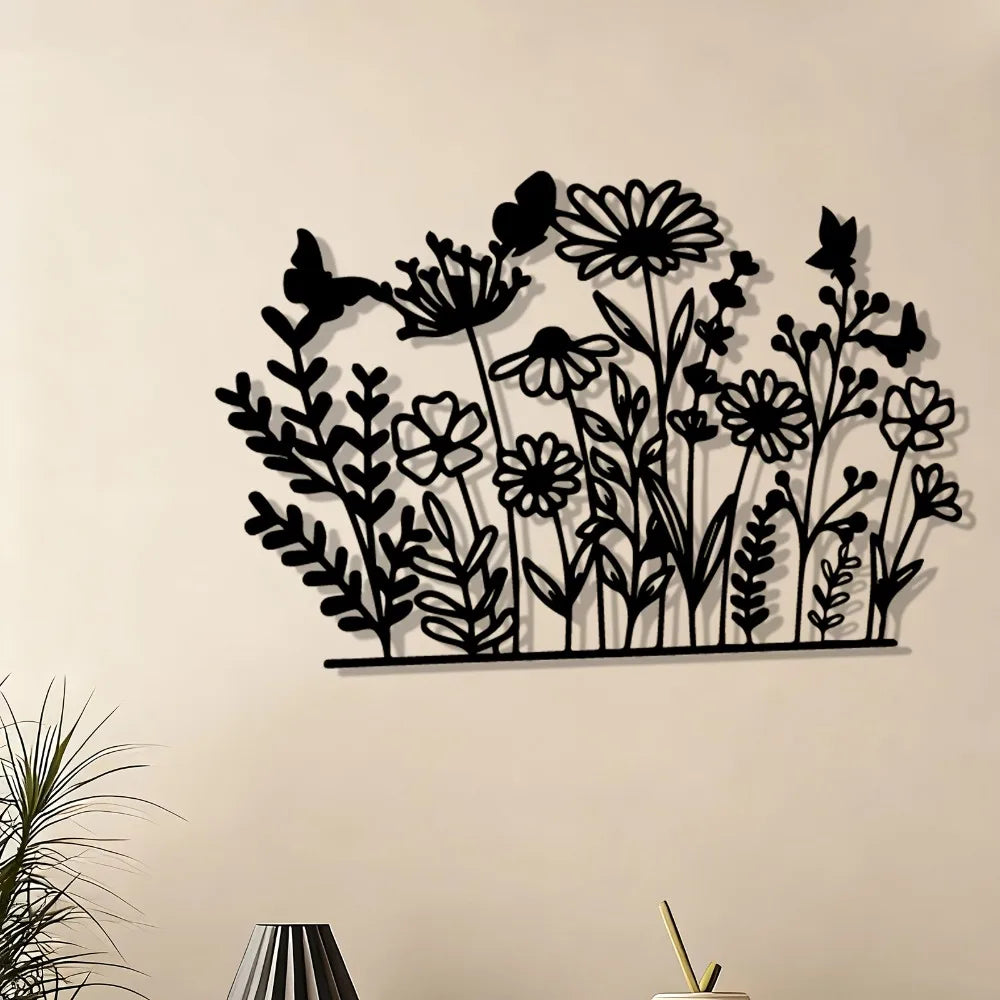 décoration murale plaque noir fleurs papillons feuilles intempéries extérieur intérieur bohème minimaliste métal 20x30cm