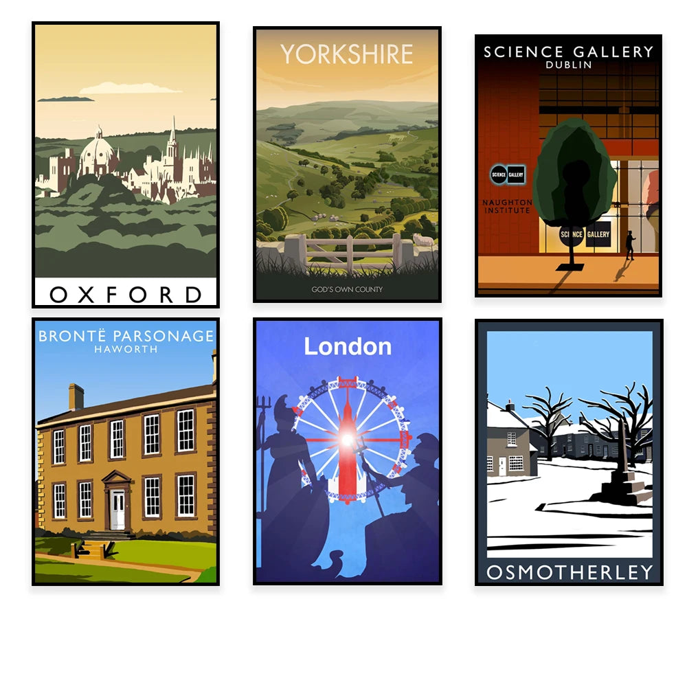 Ce montage d'affiches touristiques représente des lieux emblématiques au Royaume-Uni, tels que la ville d'Oxford, le comté de Yorkshire, le Science Gallery à Dublin, la maison de Brontë à Haworth et la ville d'Osmotherley, offrant ainsi un aperçu de la diversité culturelle et des paysages du pays.