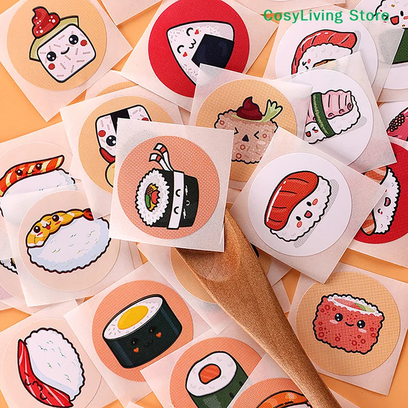 stickers adhésifs sushi cartoon visage couleurs diverses blanc rouge noir vert orange jaune rose