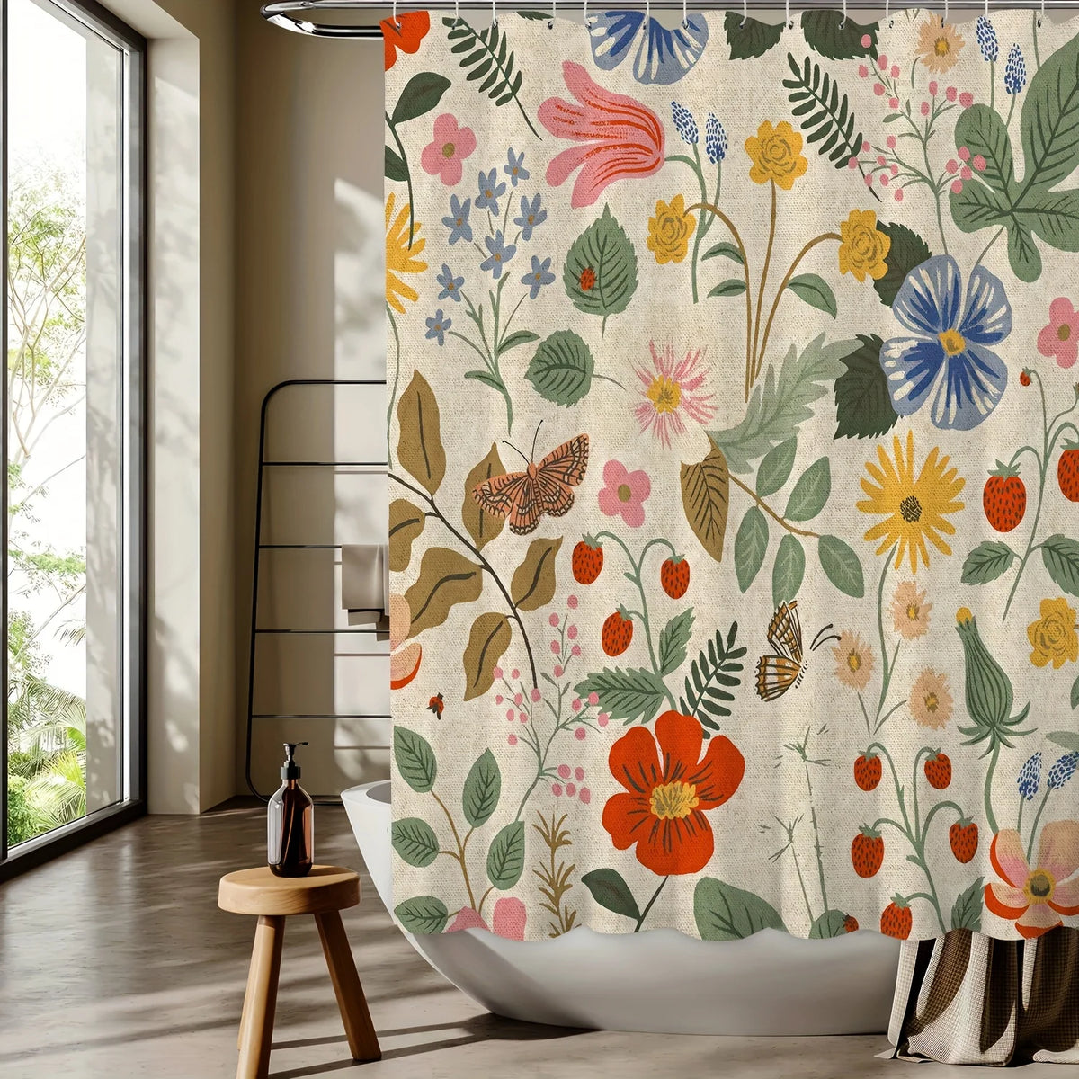 rideau douche floral imprimé papillons couleurs vives polyester respectueux environnement dimensions 180x180cm