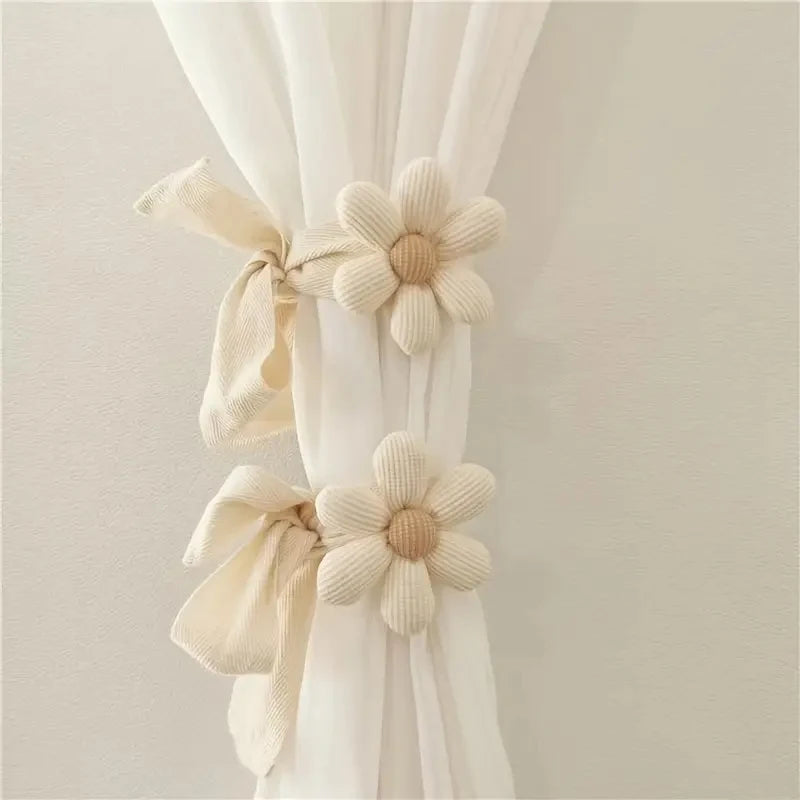fournitures rideaux tissu fleurs beiges anneaux métalliques cordons coton décorative rustique moderne
