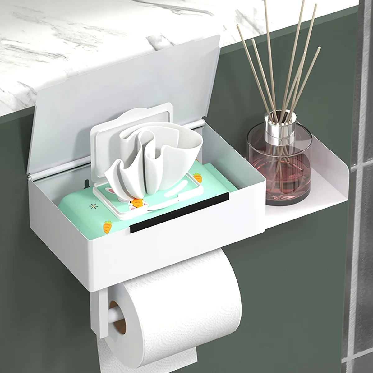 rangement mural moderne noir blanc salle bain porte papier toilette support smartphone éléments diffuseur
