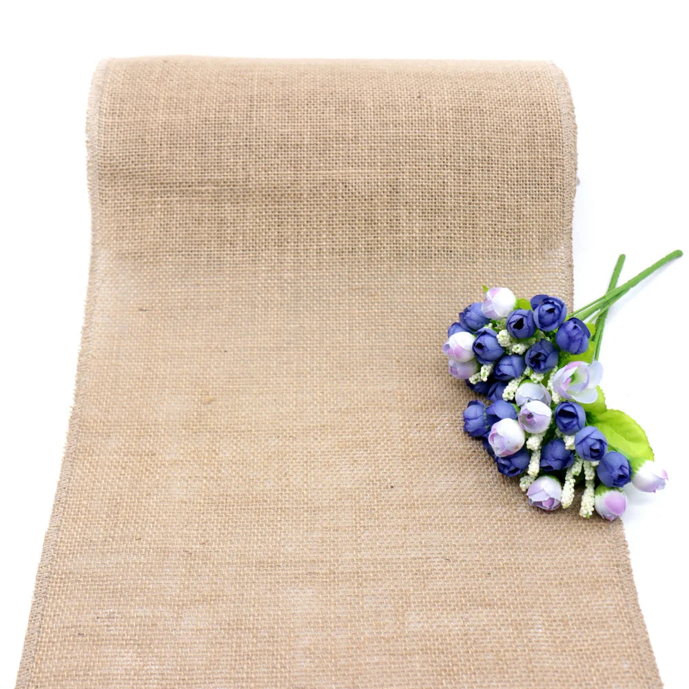 chemin table rustique jute marron clair mariage anniversaire noel décor festiftouches bleu vert liens