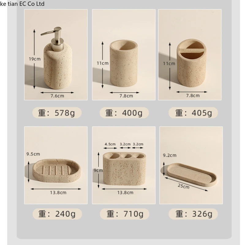 ensemble salle bain moderne beige clair brosse dents tube dentifrice distributeur savon tasses résine