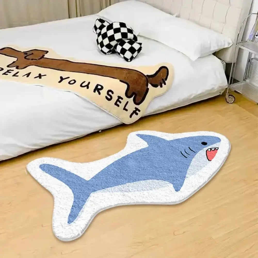 tapis doux moderne requin souriant bleu blanc antidérapant intérieur extérieur 80x120cm