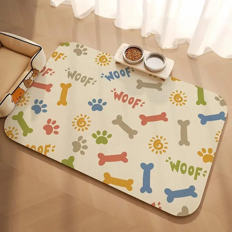 tapis animaux compagnie cuir imperméable sèche rapidement motifs chiots os pattes WOOF Sunday