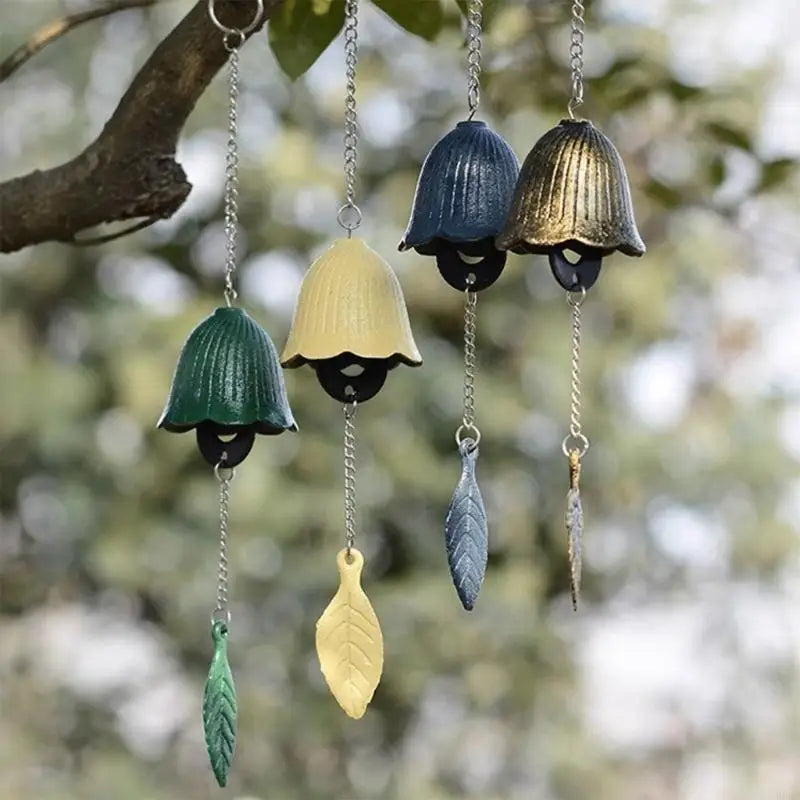 cloches decoratives feuilles relief vert jaune bleu rose vintage anneau metallique porte decorationextérieur