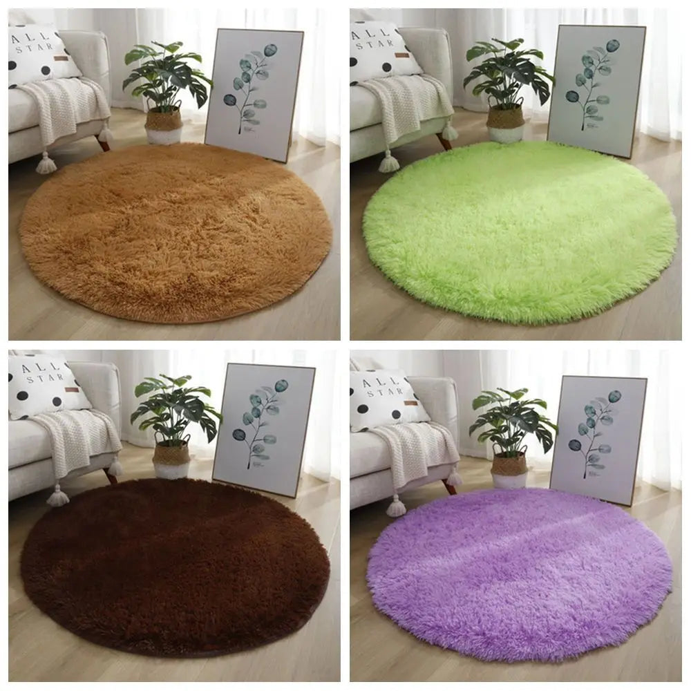 tapis rond doux fourré couleur unie moderne rose marron vert violet beige