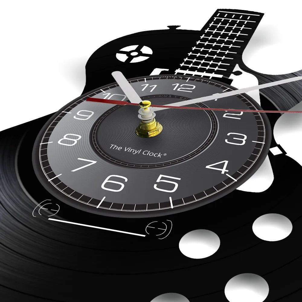 horloge murale guitare stylisée vinyle noir moderne rétro salon quartz aiguille