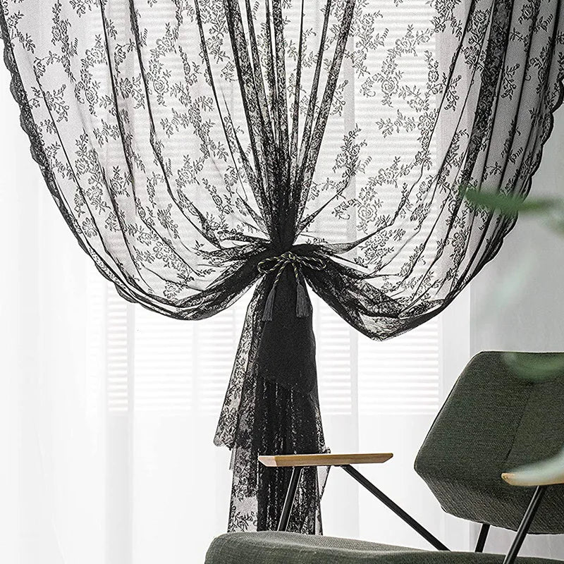 rideaux polyester dentelle fleur noir salon festifs pastorales romantiques