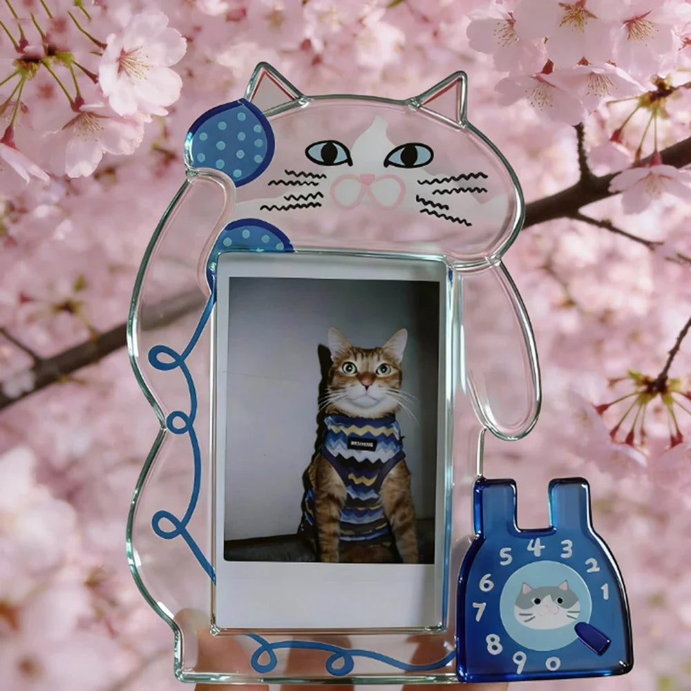 cadre photo chat kawaii transparent bleu blanc cadran téléphone photo chat pull rayé décoration
