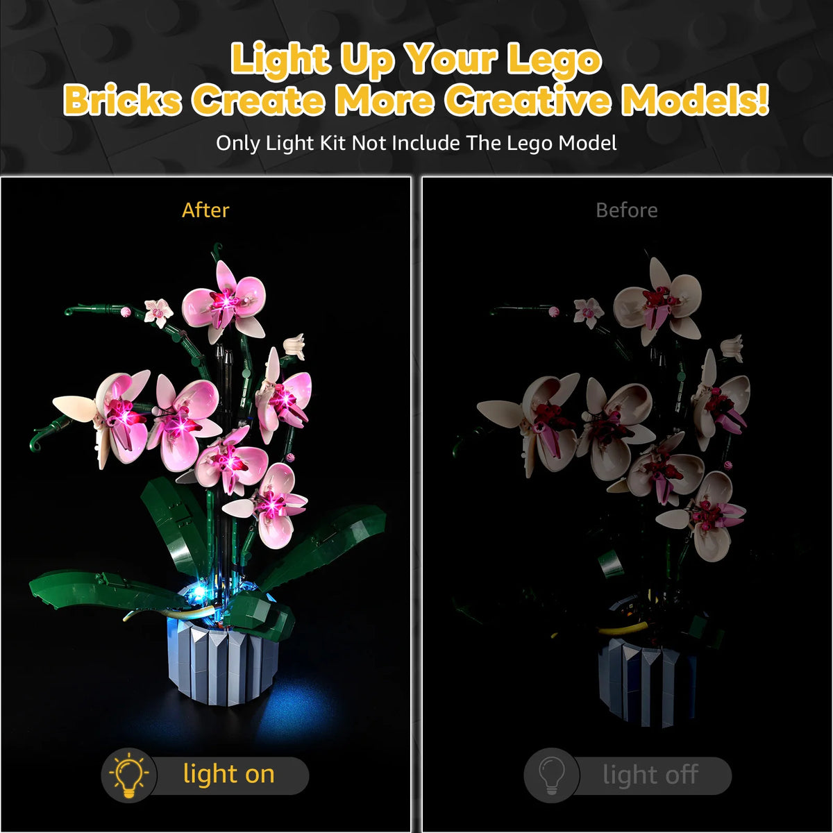 orchidée lego rose blanche verte fleurs feuilles larges kit led instructions adaptateur câble garantie