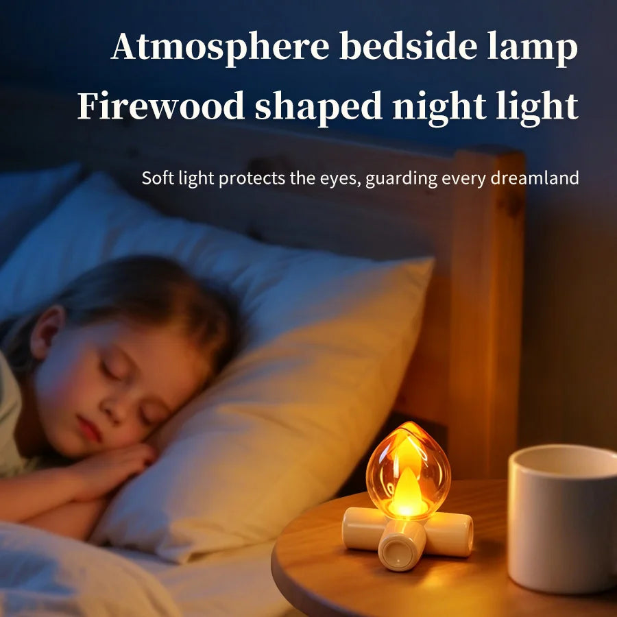 lampe led rechargeable effet flamme veilleuse moderne transparente base bois ambiance chambre portable camping