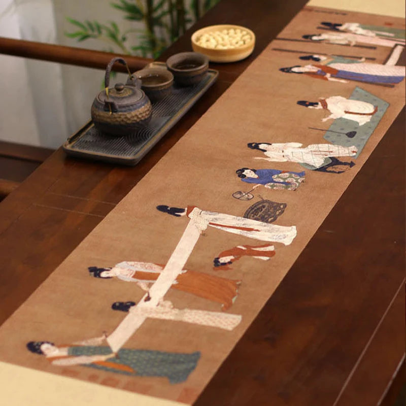 chinois traditionnel table runner motifs personnages floraux tasses thé plateau imperméable polyester coton