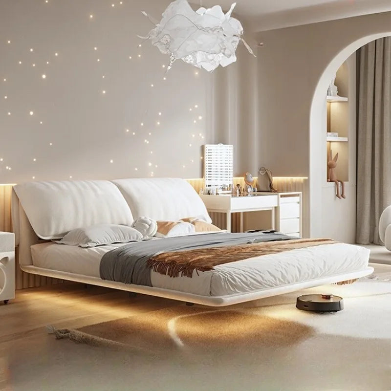 lit moderne minimaliste blanc bois naturel tissu doux 150cm 180cm 200cm
