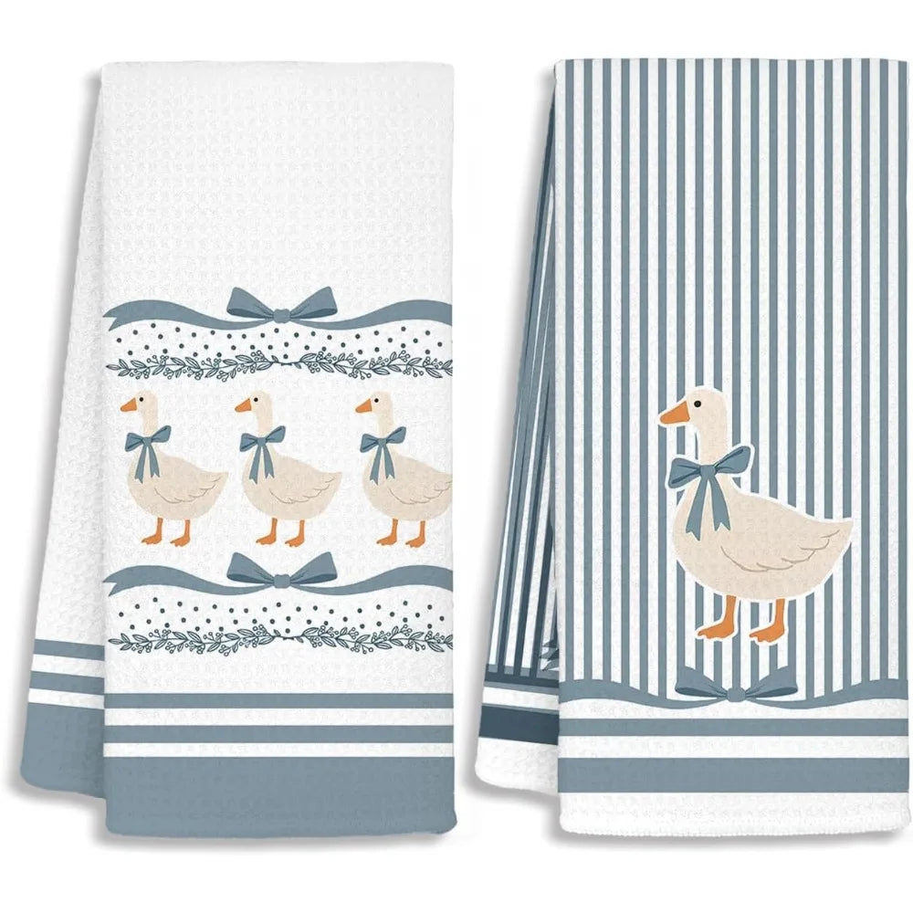 serviettes cuisine canards bleu clair rayures rustique blanc décoratif ensemble clips