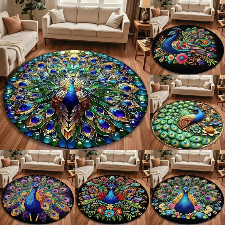 tapis rond moderne paon floral antidérapant salon chambre enfants 120x120cm 80x80cm 40x40cm