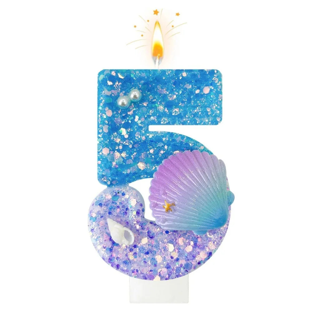 bougies numéraires paillettes sous marine coquillages décoratives anniversaire bleu violet blanc doré