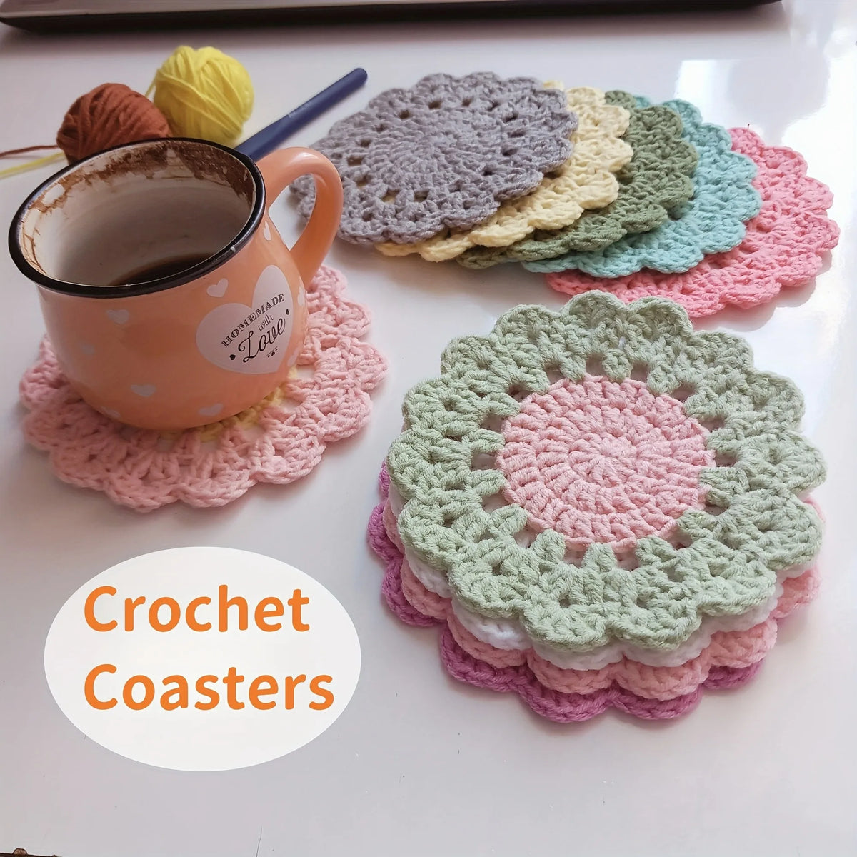 sous verres crochetés motifs floraux couleurs variées rustique fait main tapis tasse décoration bar