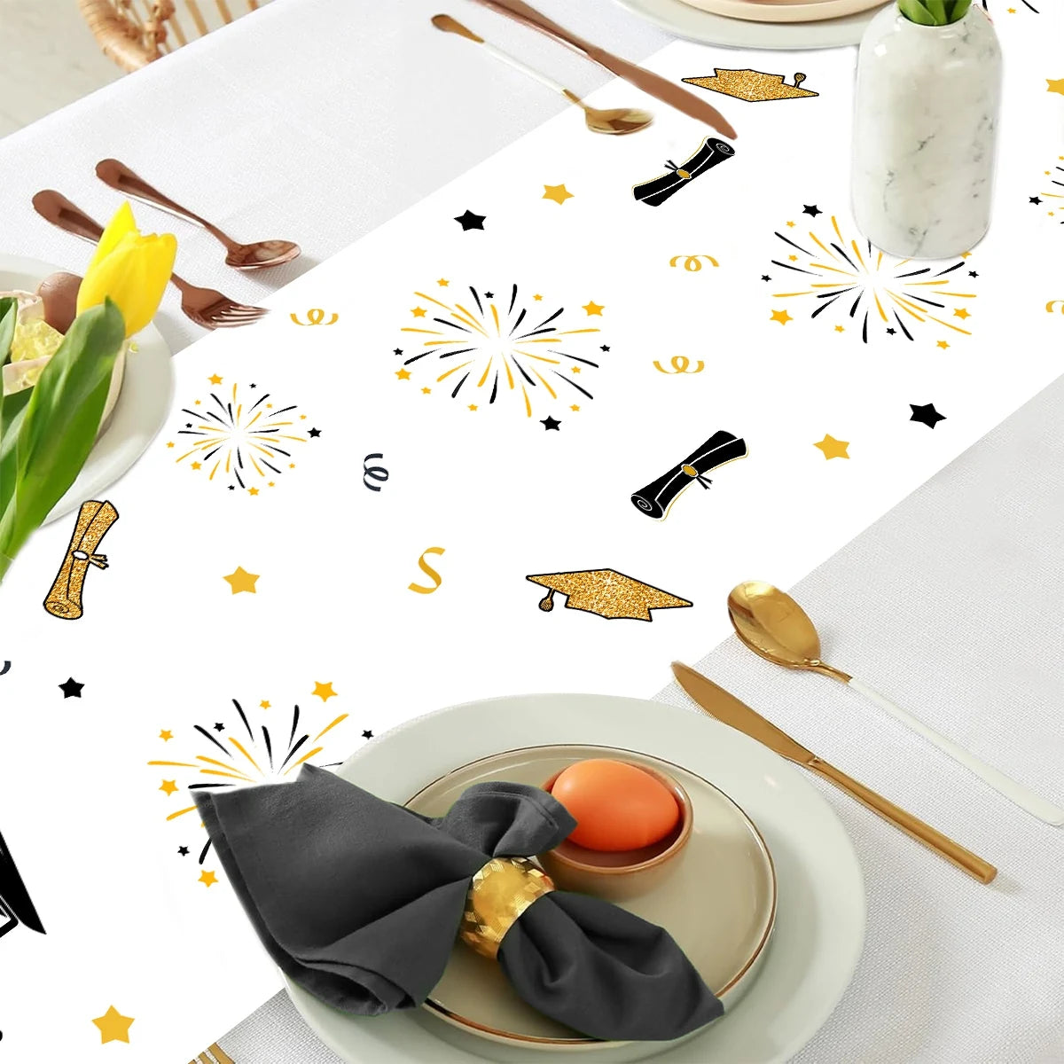 nappe table fête remise diplôme motifs cérémonie confettis étoiles feu artificiel polyester noire or