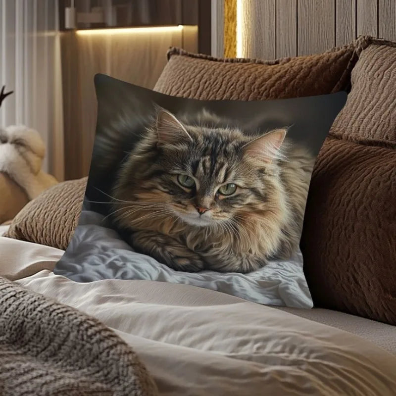 housse coussin imprimé chat maine coon gris moderne polyester 45x45cm invisible decoratif maison voiture
