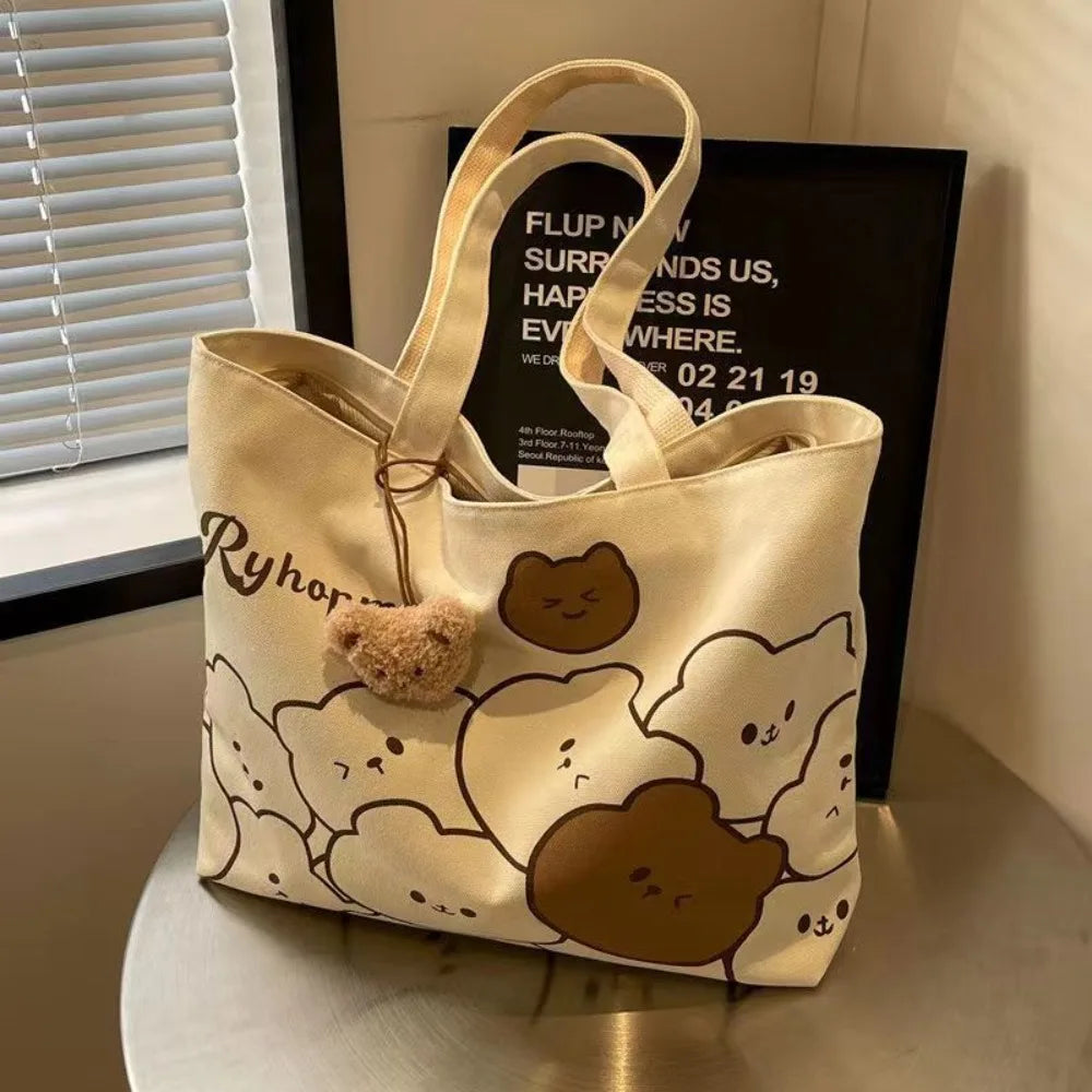 sac main toile ours mignons dessins modernes poignées détachables ours peluche beige