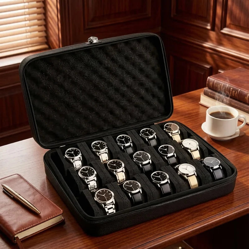 boîte rangement montres noir velours moderne 15 compartiments zipper 20cm 19cm 6.5cm
