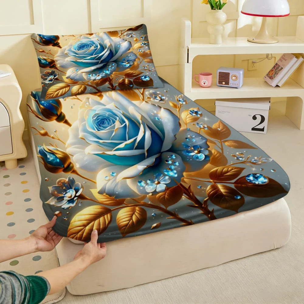 drap housse bleu roses dorées strass lit simple double queen king decoration chambre floral