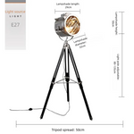 lampe sol trépied industriel vintage bois noir métal doré salon étude