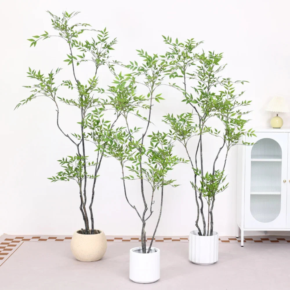 décoration extérieure moderne plante artificielle arbre vert clair feuilles fines pot blancextérieur jardin decoration