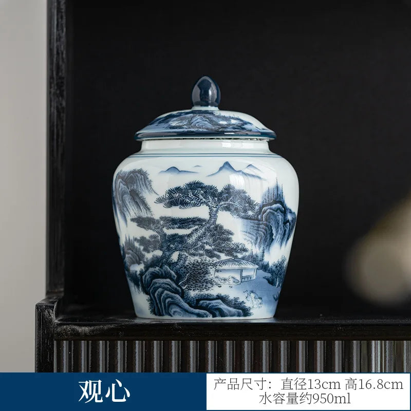 pot thé céramique blanc bleu paysage chinois couvercle fleurs montagnes arbre traditionnel
