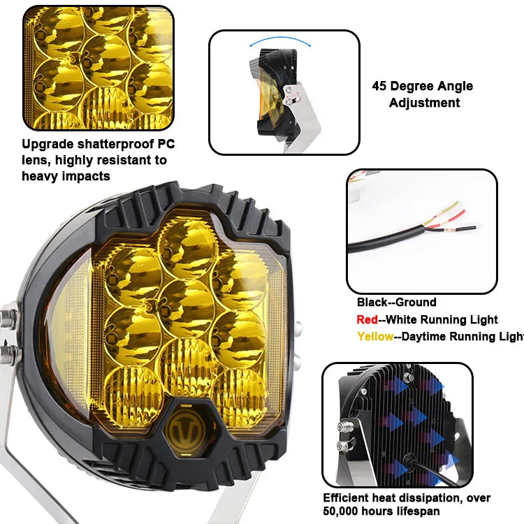 lampe travail led jaune noir pouces pouces tout terrain moderne robuste tringle câbles électriques