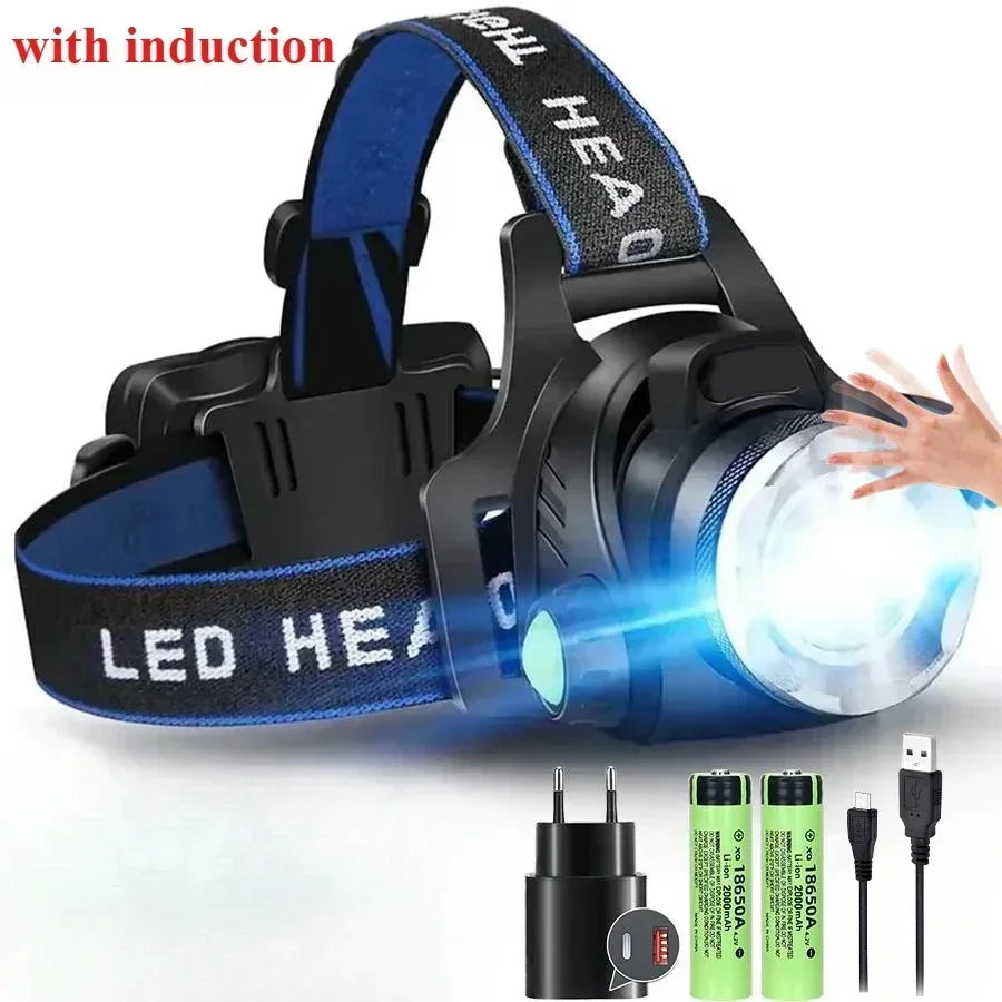 lampe frontale led rechargeable 15w modes nuit pêche course tissu bleu noir adjustable
