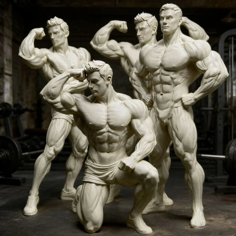statue fitness réaliste musclé décoration sport muscle détaillé texture granulée blanc gris métallisé bracelet