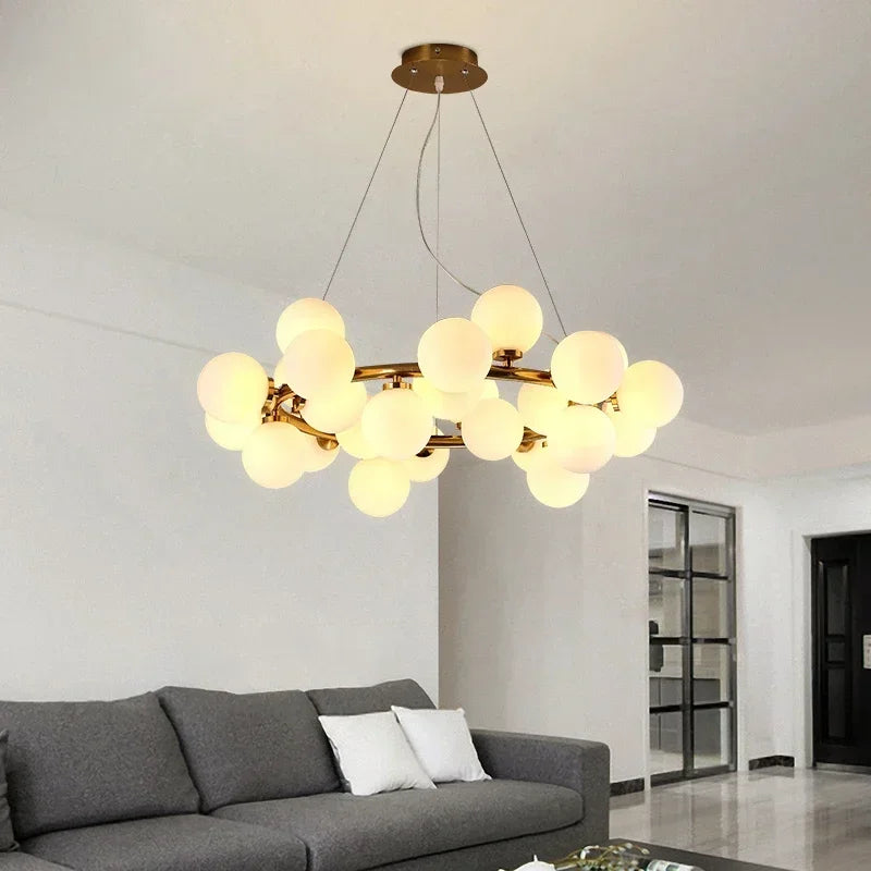 suspension moderne boules translucides blanc doré noir led restaurant salon bar