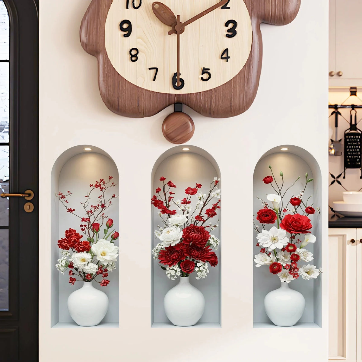 décoration murale moderne bouquet fleurs artificielles rouge blanc vase chambre salon